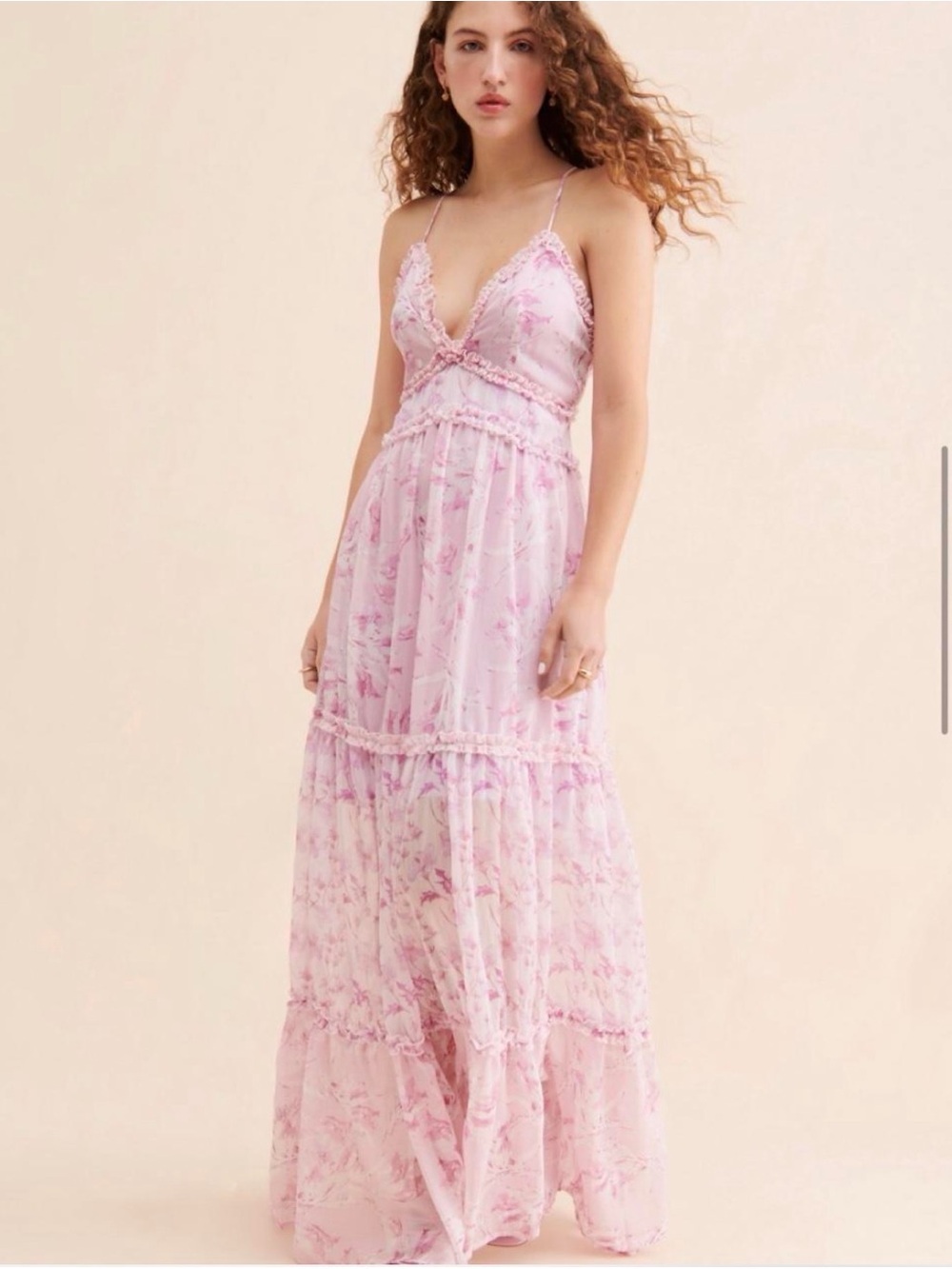 Anthropologie Pink Floral Lace-Trim Maxi Dress